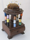 Antique Wooden Wood Spool Thread Holder   Drawer Pincushion Top