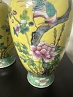 Vintage Pair Chinese Famille Rose Yellow Porcelain Vases Lamp Bases Flower Bird