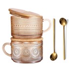 Vintage Glass Coffee Mugs Set Of 2 Amber  Embossed Tea Cups With Bamboo Lids And