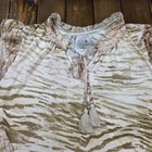 Womens Cupio Cream Tan Pink Animal Print V-neck Tie Ruffle Sheer Sleeve  Blouse