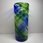 Vintage Art Glass Cylinder Vase Cobalt Blue Green Clear Swirl Spiral Ribbed 10   