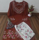Women Cotton Kurti Palazzo Set Embroidered Rust Orange Ethnic Casual Wear