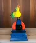 Acme Animal Singing Bird Clock Hand Painted Metal On Wood W signed Base