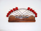 French Art Deco Chrome   Wood 12 Red Cherries Appetizer Cocktail Pick Holder Set