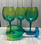 Vintage Plastic Water Wine Glasses Blue Green Stemware 9   Tall - Set Of 4