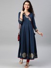 Indian Women Cotton Navy Blue Solid A-line Kurta Kurti New Long New Dress
