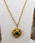 Vintage Florenza Gold Pill Box Pendant Necklace Cabochon Faux Jade