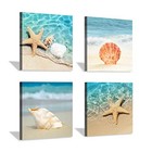  Beach Seashell Starfish Wall Art  Blue Ocean 12  X 12  X 4panels Beach Artwork