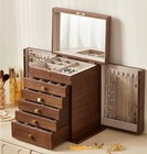 Homruilink Black Walnut Wooden Jewelry Box  With 2 Side Doors  Mirror 6 Layers