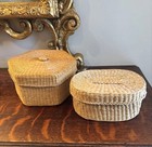 Pair Of Vintage Handwoven Lidded Baskets Hexagon 6 5  And Oval 6   