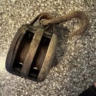 Antique Primitive Wooden Double Pulley Ship boat farm Block Tackle W Iron Hook