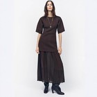 Elegant Brown Patchwork Pleated Short Sleeves Long Dress Belt