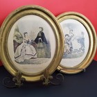 Pair Antique Victorian La Mode Illustree Original French Prints Oval Wood Frames