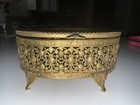Vintage Ormolu Gold Ornate Filigree Jewelry Trinket Box Casket Beveled Glass Lid