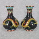Antique Chinese Cloisonne Dragon Cabinet Vases Black Enamel Miniature Pair
