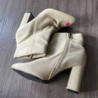 Women   s Beige Faux Leather Ankle Bootie Pointed Toe Block Heel Side Zip 9