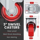  4pcs 3   Swivel Caster Wheels Red Polyurethane With Brake Heavy Duty 