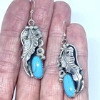 Long Navajo Turquoise Earrings 2  Sterling 925 Leaf Feather Signed Hm Handmade