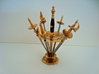 Vintage Toledo Spain Cocktail Sword Picks Set Of 6 Brass And Enameled Stand Mcm