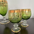 Vintage Green   Gold Floral Glass Decanter Set W stopper   6 Goblets Antique