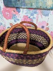 Vintage Woven African Market Basket  Oval  Leather Covered Handles