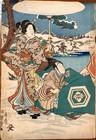 Antique Japanese Original Woodblock Print Triptych By Kunisada Ii - Snow C 1852