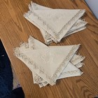 Vtg Set Of 12 Hand Cream Linen Embroidered  Luncheon Napkins Tatted Lace Border