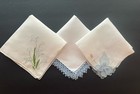 Vintage Lot Madeira Hand Embroidered Hankies Pale Blue 3d Trembler Flowers Lace