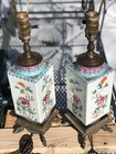 2 Antiques Chinese Hexagon Famille Rose Porcelain Vase  Lamps Rare