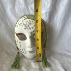 Painted Glitter Fantasy Mask White green gold W  Tassels 6 In
