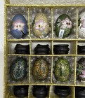 Vintage Chinese Cloisonne Enamel Egg Set Of 10 With Wooden Stands   Original Box