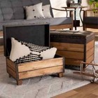 Storage Ottoman Set 2 Square Wood Plank Trunk Style Padded Upholstered Seating