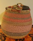 Handwoven Bolga Pot Basket Ghana Elephant Grass With A Leather-wrapped Handle 