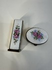 Vintage Brass Hand Painted Enamel Rose Lipstick Holder   Pill Box Set Mcm