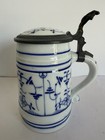 Blue   White Ceramic German Style Lidded Beer Stein Hinged Pewter Lid