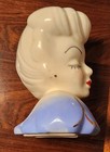 Vtg Estate  Ceramic Lady Glamour Girl Head Vase Planter Blue Gold Accents