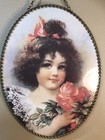 Vintage Victorian Girl W  Flowers Oval Chimney Flue Cover   Metal Chain Border
