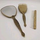 Vintage Ornate Floral Brass Vanity 3-piece Set  Hand Mirror  Hair Brush   Comb