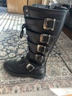 Demonia Black Knee-high Biker Boots Faux Leather Round Toe Buckle Straps Men   s 9