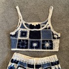 Nwt Rebellion Again Crochet Shorts Set Crop Halter Tank Blue Cream Medium Lined
