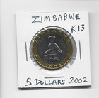 Zimbabwe 5 Dollars 2002 K13  Black Rhino Animal  Obsolete Coinage  Bimetal 