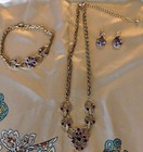 Vintage Gold Tone Necklace Bracelet Earrings Set Purple   Lavender Rhinestones