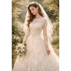 Vintage 50s Lace Wedding Gown Illusion Bodice Button Back Romantic Bridal