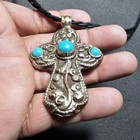 Southwestern Style Ornate Coin Silver And Turquoise Cross Pendant Necklace 