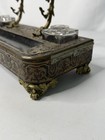 Victorian Ornate Inkstand Antique Metal Glass Inkwell