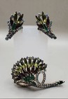 Vintage Mid Century Peacock Fall Colors Brooch Pin   Clip On Earrings Demi Set