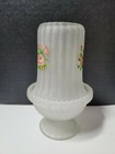 Vtg Clear Satin Painted Floral Art Glass Footed Fairy Light Lamp Votive 2 Piece