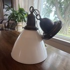 Vintage Industrial Pendant Light Fixture With White Milk Glass Shade
