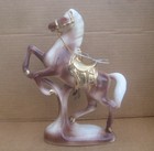 Vintage Ceramic Rearing Horse Rhinestone Eyes Gold Saddle Figurine 12  1960s Mcm