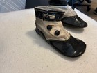 Antique Pair Of Victorian French Doll Black Patent   Cream Leather Spats Shoes